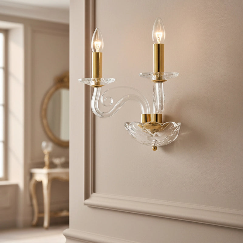 Applique classica Epoque a 2 luci in cristallo pregiato con dettagli in metallo finitura oro