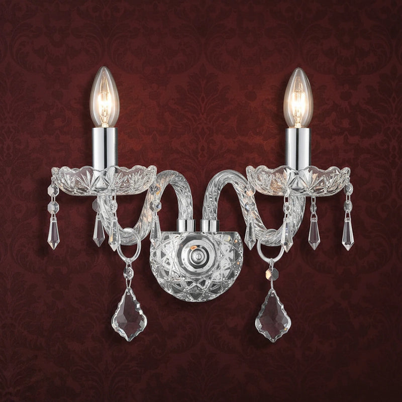 Applique classica Incanto a 2 luci in vetro cristallo decorato con pendagli e dettagli cromati