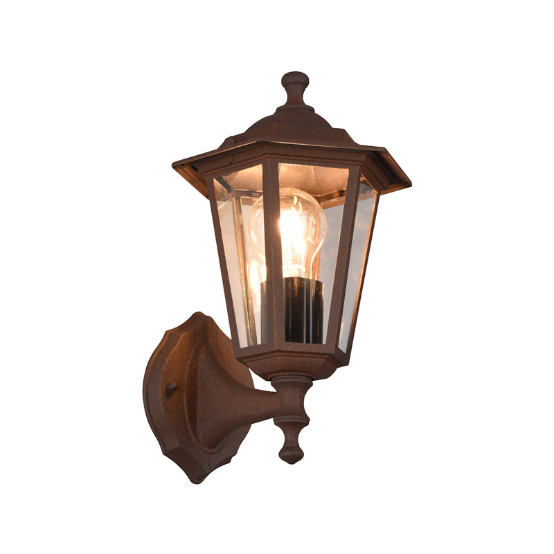 Applique da esterno ruggine IP44 E27 lanterna esagonale classica ascendente