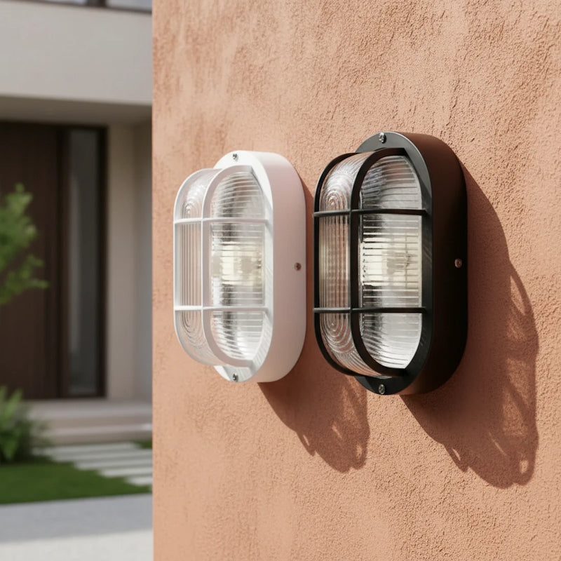 lampada ovale con gabbia da parete soffitto per esterni ip54 e27 bianco nero