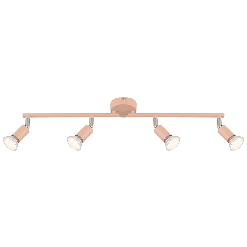 Barra Matrix rosa pesca satinato con quattro faretti orientabili in metallo per luce direzionabile da interno