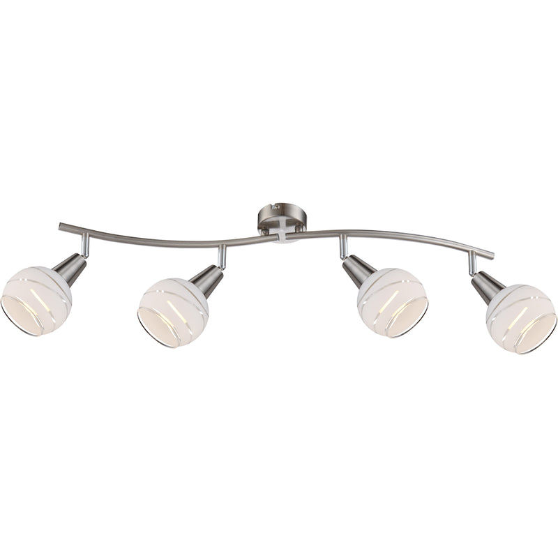Barra faretti Elliott a 4 luci con struttura nichel satinato e diffusori in vetro satinato per interni eleganti