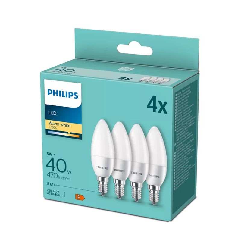 confezione 4 lampadine led e14 philips 5w 2700k candela 470 lumen