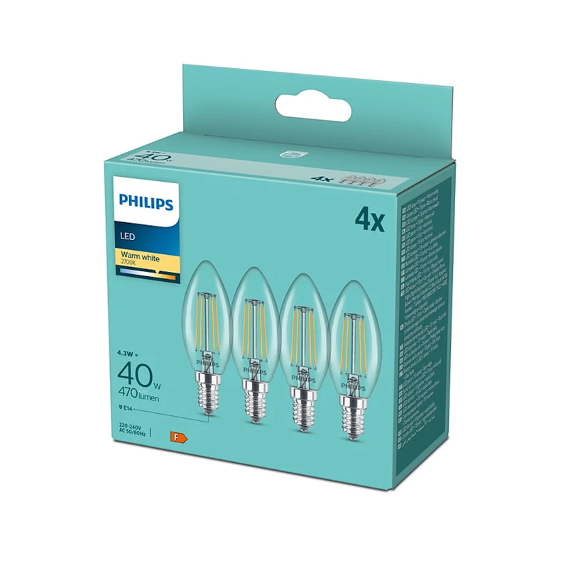 Confezione 4 lampadine LED Philips E14 oliva 4,3W 470 lumen 2700K