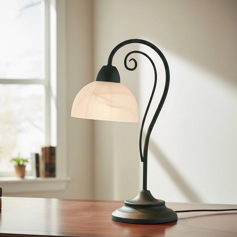 Lampada da tavolo in stile country arte povera rustica con base bronzata e vetro bianco opale