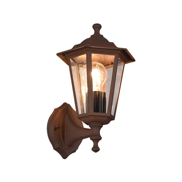 lampada da esterno a parete lanterna esagonale ascendente corten ruggine