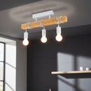 lampada da soffitto a tre luci in legno e metallo bianco con altezza regolabile e attacco e27