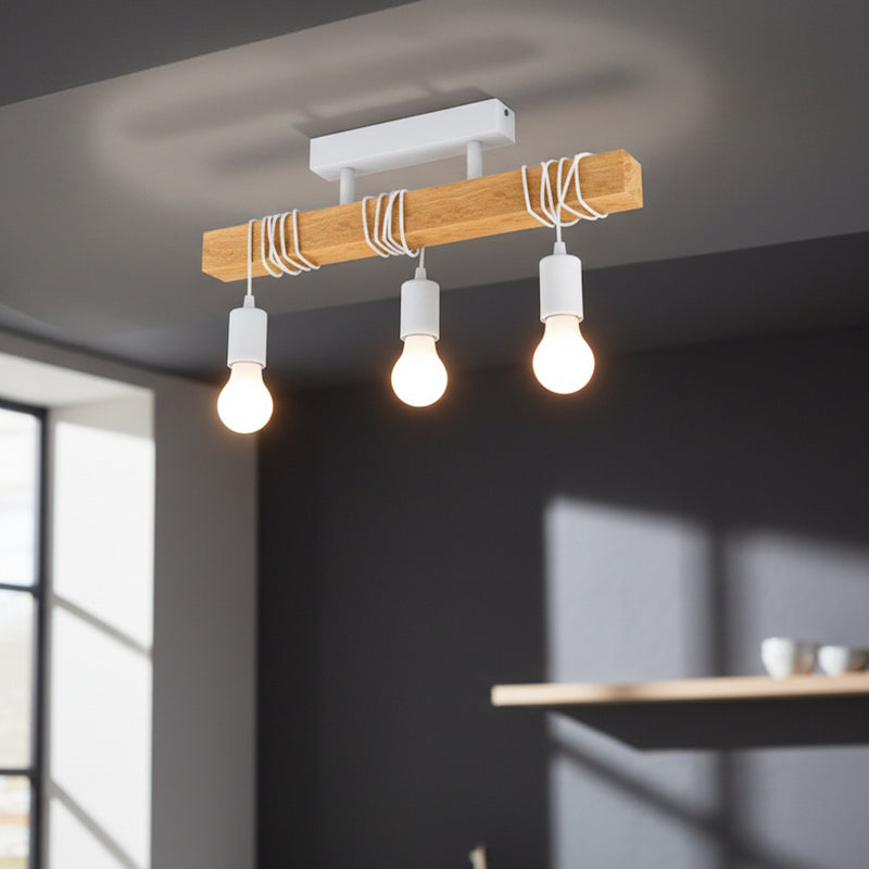 lampada da soffitto a tre luci in legno e metallo bianco con altezza regolabile e attacco e27