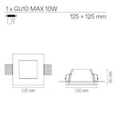 faretto quadrato 12,5 cm in gesso bianco con vetro sabbiato per luce morbida