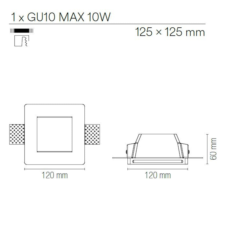 faretto quadrato 12,5 cm in gesso bianco con vetro sabbiato per luce morbida