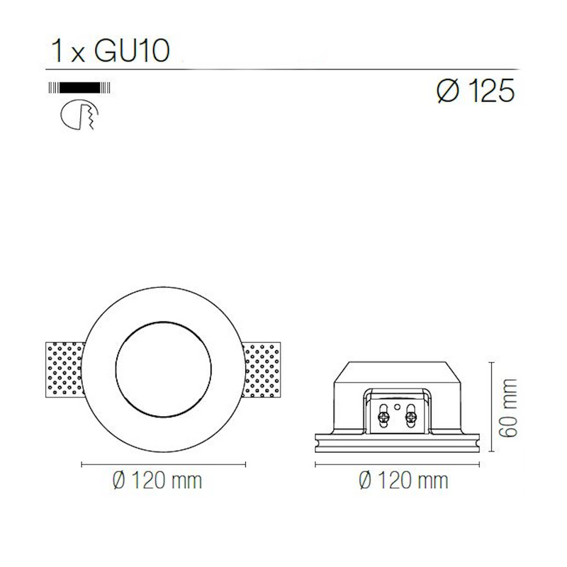 faretto tondo Ø12 cm da incasso in gesso con vetro sabbiato