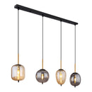 lampadario Blacky 4 luci in metallo nero e ottone con vetri grigi e ambra