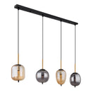 lampadario moderno in ottone e nero con vetri trasparenti fumè ed ambra