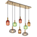 plafoniera Normy 8 luci in metallo ottone satinato con vetri colorati trasparenti