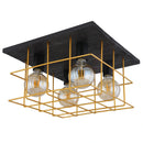 Plafoniera Merril con griglia in metallo dorato e base in legno