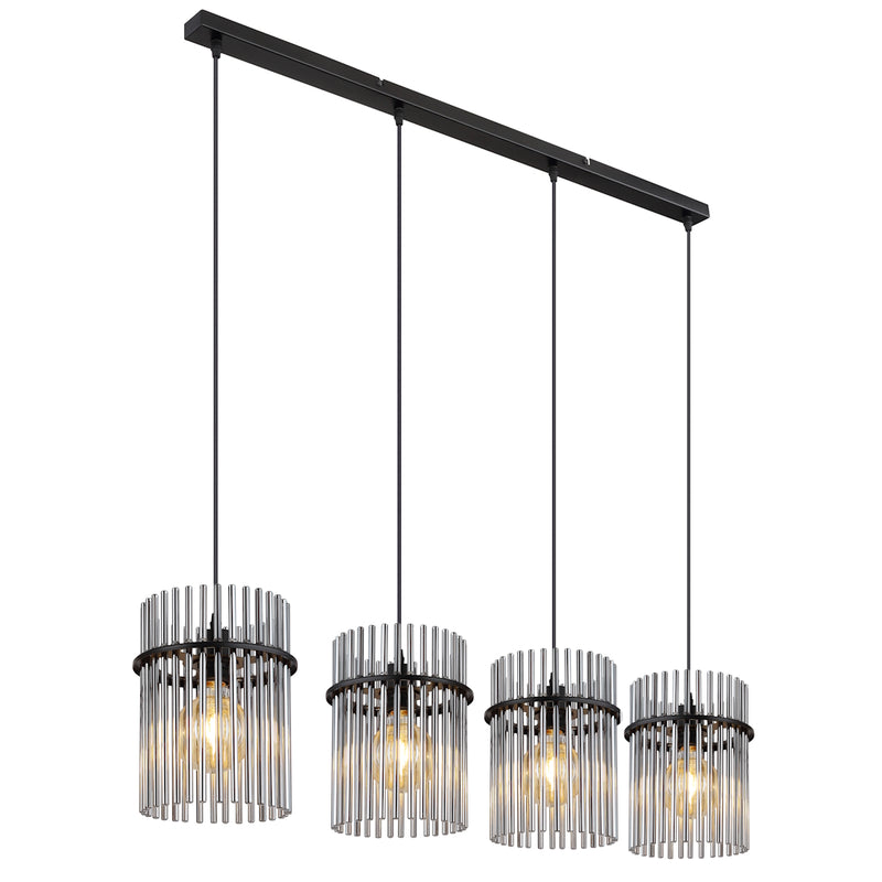 lampadario a sospensione moderno nero 4 luci con paralumi in vetro grigio fumè