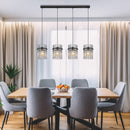 lampadario lineare nero base 110 cm con quattro cilindri in vetro fumè