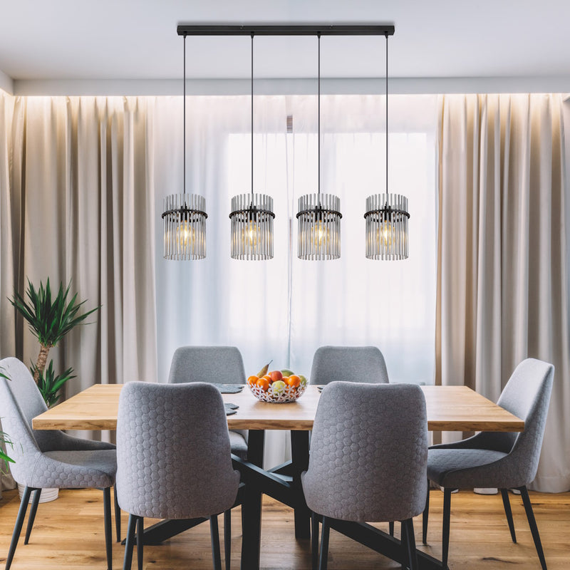 lampadario lineare nero base 110 cm con quattro cilindri in vetro fumè