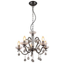 sospensione chandelier neoclassica elegante con cinque bracci curvi e paralumi in cristallo