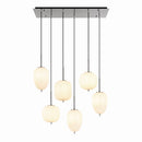 sospensione lineare con sei diffusori di vetro opalino di forme diverse