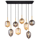 plafoniera Blacky 8 luci in metallo nero e ottone con vetri grigi e ambra