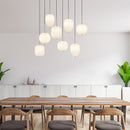 plafoniera moderna Blacky 8 luci in acciaio satinato e vetro bianco opale