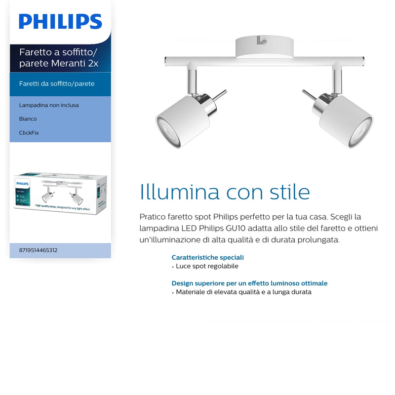 Scheda faretto 2 luci Philips Meranti colore bianco