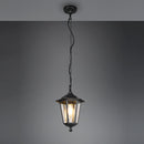 Lanterna esagonale sospensione da esterno in alluminio nero con vetri trasparenti.