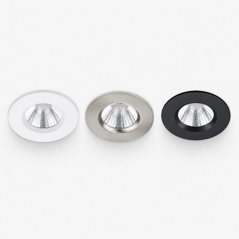 Faretti da incasso led fissi ip65 5W 3000K per bagno disponibili con ghiera in bianco, nero o acciaio satinato