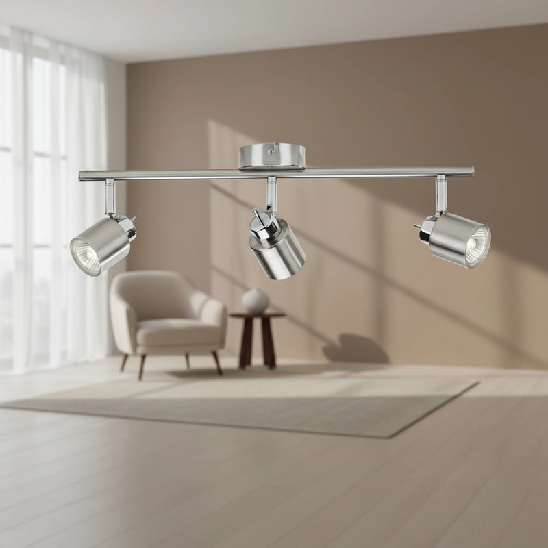 lampada a 3 faretti orientabili da soggiorno e cucina design moderno in acciaio satinato