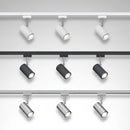Faretti orientabili design moderno Marley colori bianco, nero ed acciaio satinato per sistema illuminazione a binario Duoline