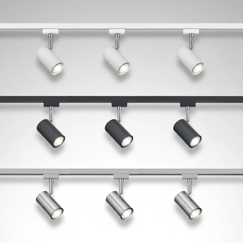 Faretti orientabili design moderno Marley colori bianco, nero ed acciaio satinato per sistema illuminazione a binario Duoline