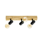 lampada a tre spot da parete o soffitto in legno chiaro e struttura in metallo nero