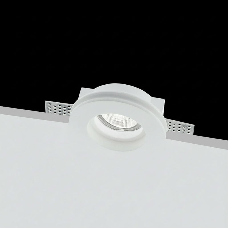 Faretto tondo da incasso in gesso bianco per cartongesso con struttura stuccabile e verniciabile