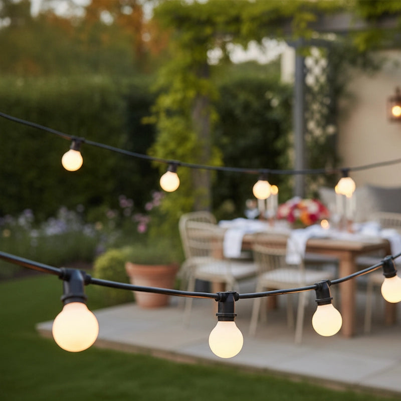 ghirlanda luminosa picnic nera 5 metri ip54 con 10 portalampade e14 giuntabile per esterno e interno