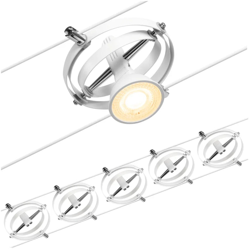 tesata su cavo cardan basic set bianco opaco con 5 faretti orientabili attacco gu5,3 12v lampadine non incluse kit completo 10m