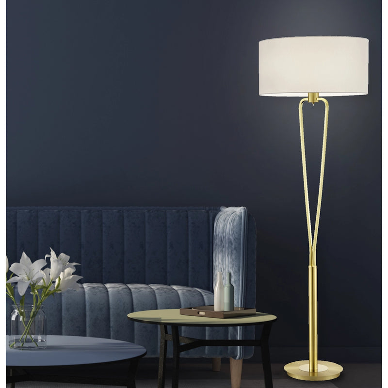 Lampada da terra PARIS II con fusto in ottone e paralume bianco, ideale per arredare ambienti moderni e classici.