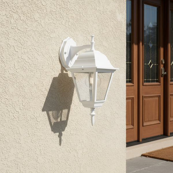 lampada classica da esterno con lanterna quadrata verso il basso in alluminio bianco ip44 altezza 35 cm