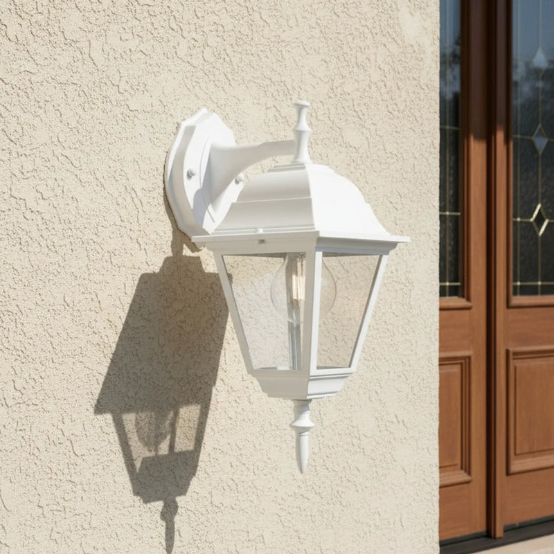 lampada classica da esterno con lanterna quadrata verso il basso in alluminio bianco ip44 altezza 35 cm