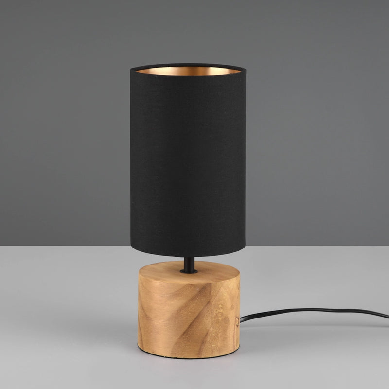 Lampada moderna in legno naturale con paralume nero oro