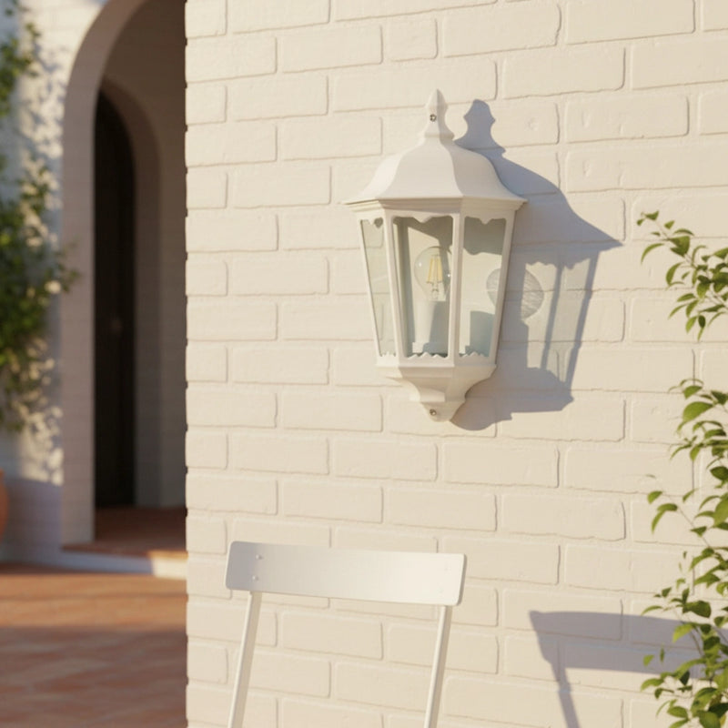 applique da esterno lanterna piatta classica in alluminio bianco opaco e vetro