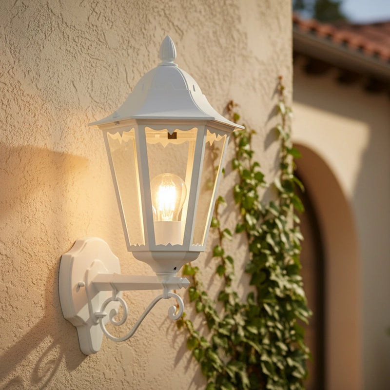 applique da esterno con lanterna esagonale bianca opaca in alluminio con vetro trasparente