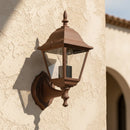 lampada da parete per esterni rustica con lanterna quadrata verso l'alto finitura ruggine