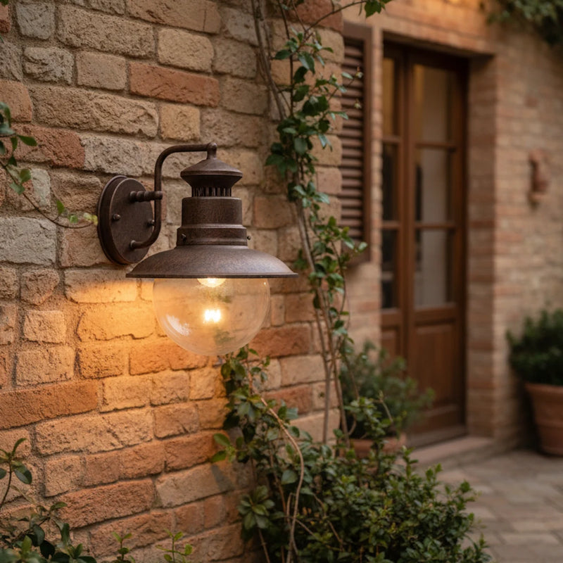lampada da esterno a parete color ruggine stile rustico per giardini e terrazzi