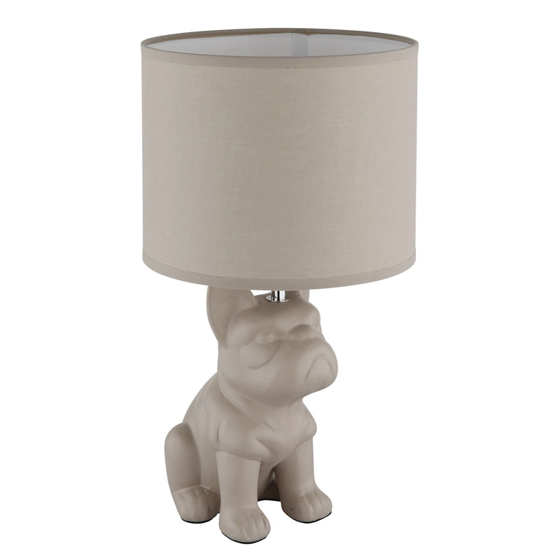Lampada da tavolo Dogo con base a bulldog francese in ceramica sabbia e paralume rotondo in tessuto