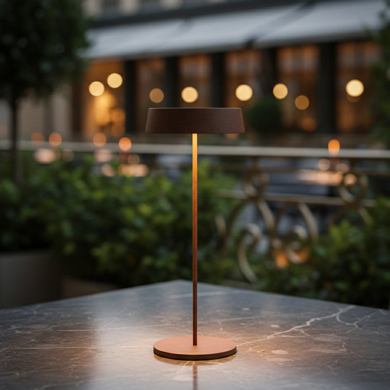 Lampada da tavolo Cocktail led ricaricabile color ruggine bronzata da esterno per ristoranti bar e hotel