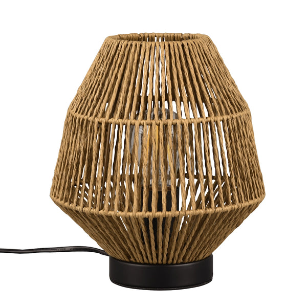 Lampada da tavolo stile boho con base in metallo nero e paralume in carta rattan