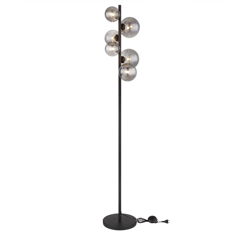 piantana led riha 6 luci in metallo nero con sfere in vetro fume