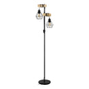 Lampada Da Terra 2 Luci in Legno e Paralumi con Gabbia in Metallo Nero E27