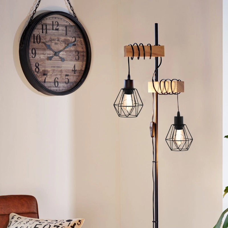 Lampada Da Terra 2 Luci in Legno e Paralumi con Gabbia in Metallo Nero E27